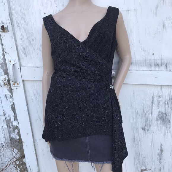 VTg CACHET Black Sequin Faux Wrap Rhinestone Clasp Sleeveless Top M 90s Y2k Goth - Picture 1 of 9